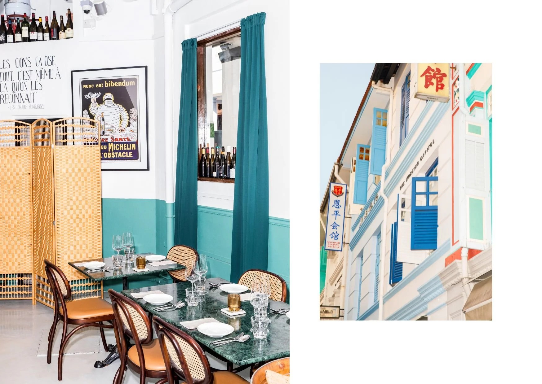 Images of La Cabane restaurant in Singapore and of traditional shophouse shutters restored.